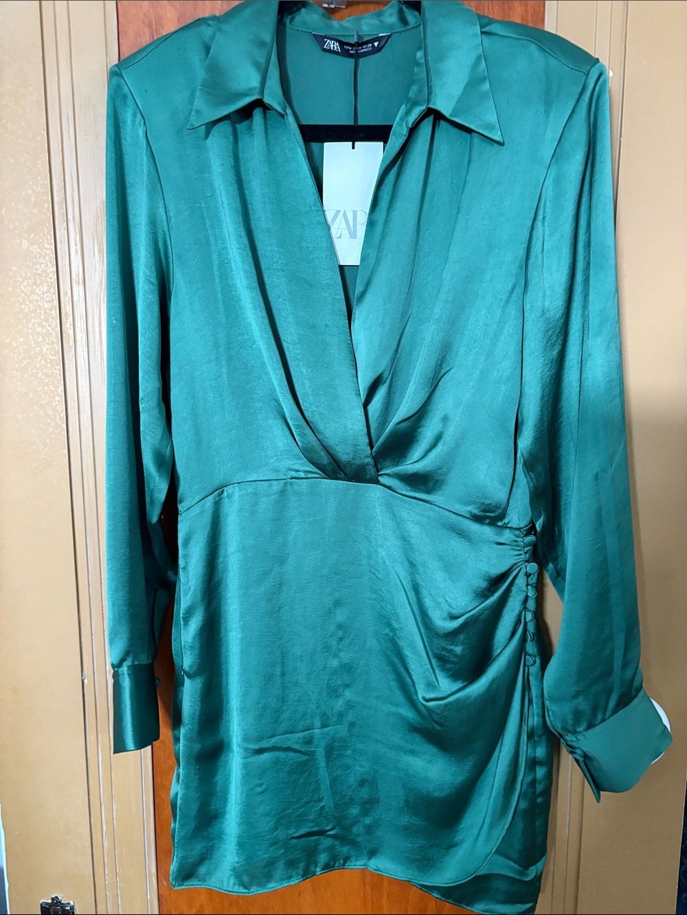 Zara Green Satin Wrap-Front Mini Dress